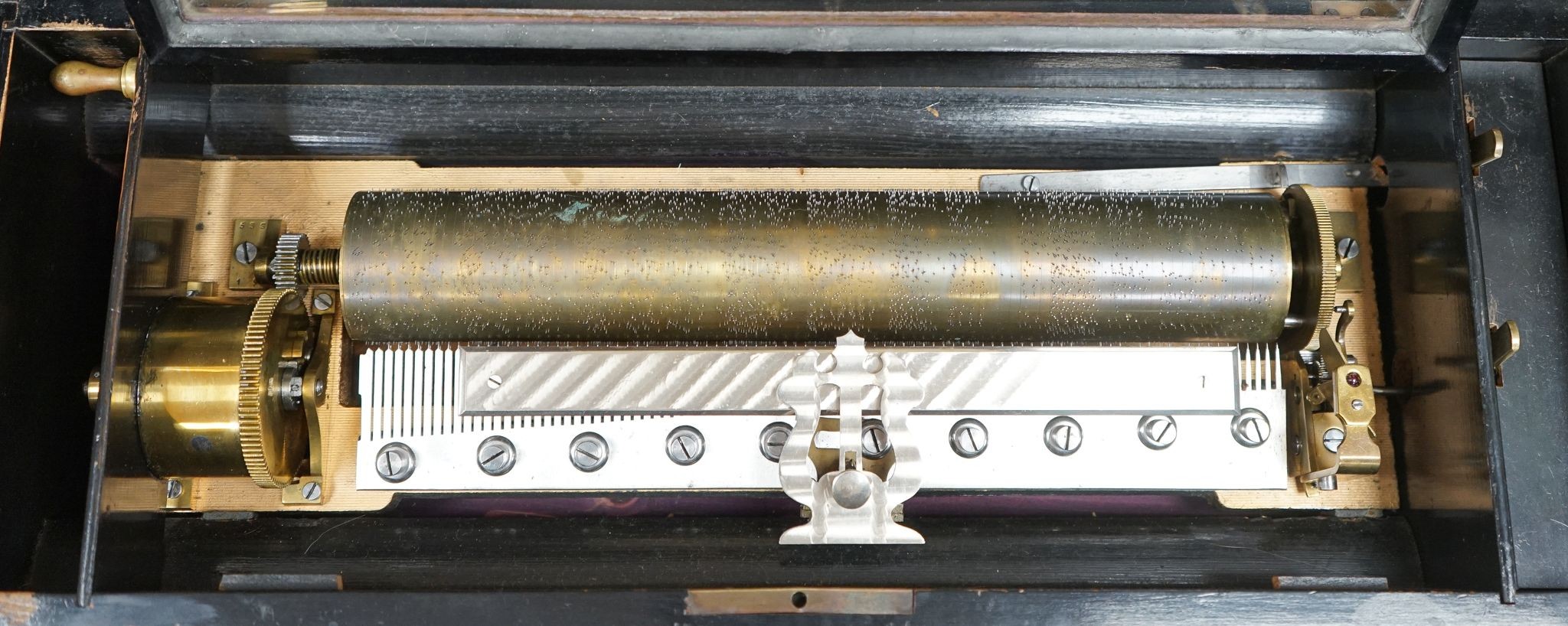An early 20th century Swiss 8-air music box, cylinder 33cm